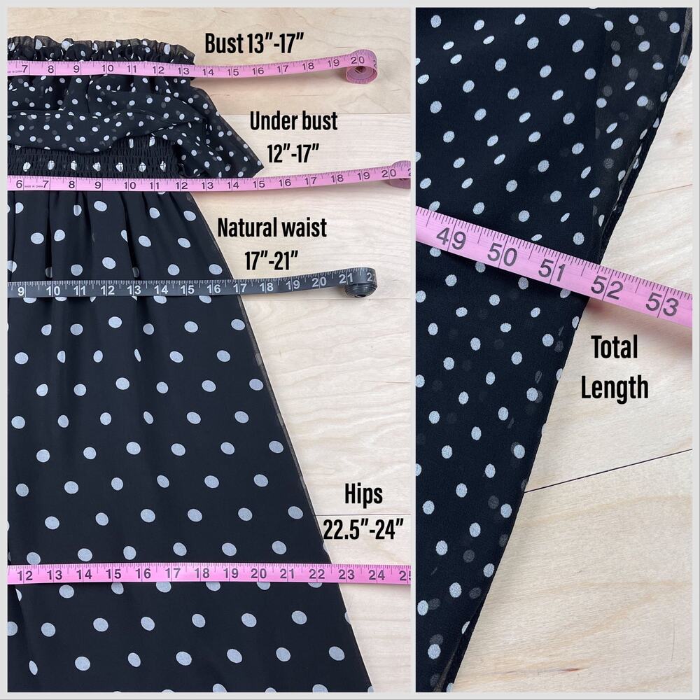 Vintage Y2K Black and White Polka Dot Strapless Ruffle Chiffon Maxi Dress - Picture 7 of 8